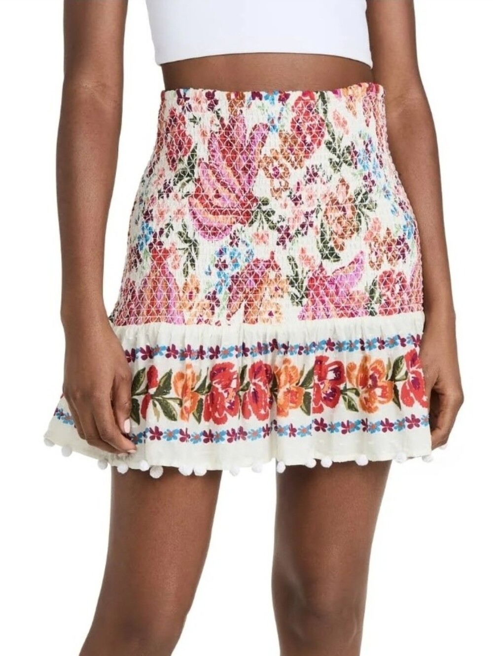 Farm Rio Spring Banana Mini Skirt Size L Floral Smocked Boho Tropical Cotton